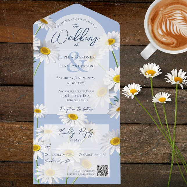 Sweet Daisies on Bale Blue with QR Code All In One Einladung (Von Creator hochgeladen)