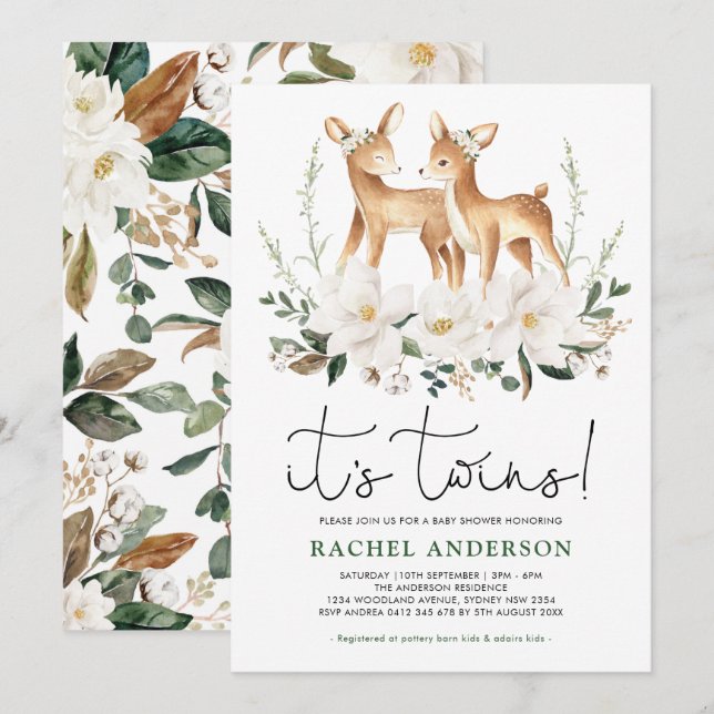 Sweet Deer Twins Baby Dusche Elfenbein Blumengrün Einladung (Vorne/Hinten)