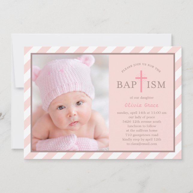 Sweet Diagonals Photo Baptism Invitation - Rose (Devant)