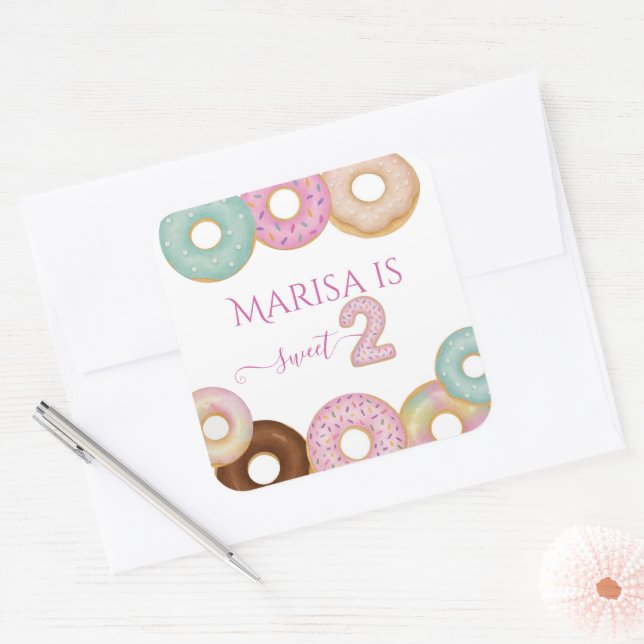 Sweet Donut Birthday | Party für farbige Kinder - Quadratischer Aufkleber (Umschlag)