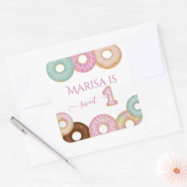 Sweet Donut Birthday | Party für farbige Kinder - Quadratischer Aufkleber (Umschlag)