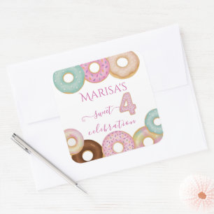 Sweet Donut Birthday   Party für farbige Kinder - Quadratischer Aufkleber