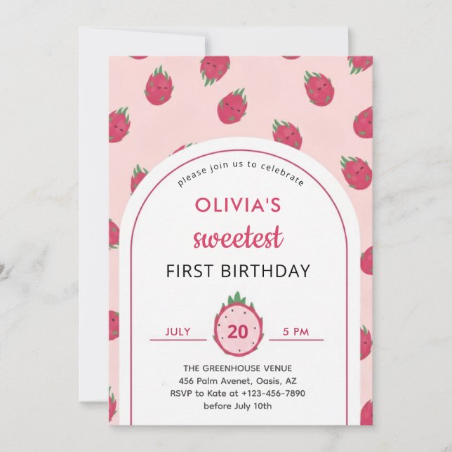 Sweet Dragon Fruit First Birthday Invitation Einladung (Vorderseite)