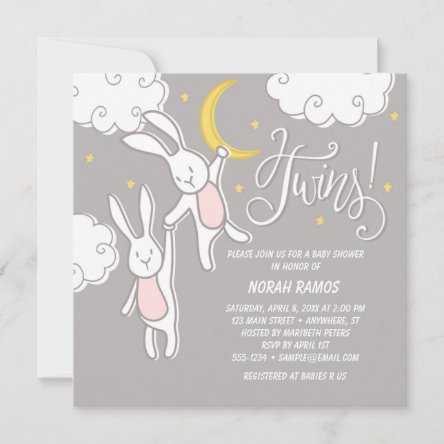 "Sweet Dreams Bunny" Twins Baby Dusche Einladung (Vorderseite)