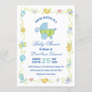 Sweet Dreams Carriage Blue and White Baby Dusche Einladung