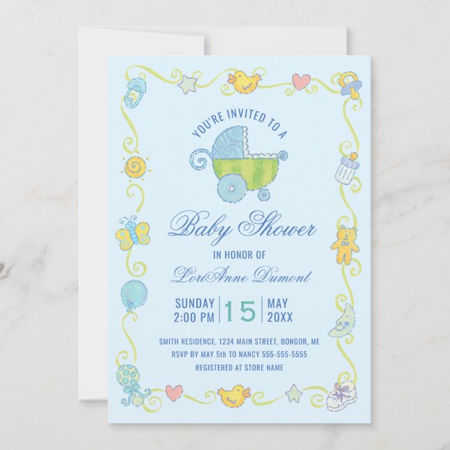 Sweet Dreams Carriage Blue Baby Dusche Einladung (Vorderseite)
