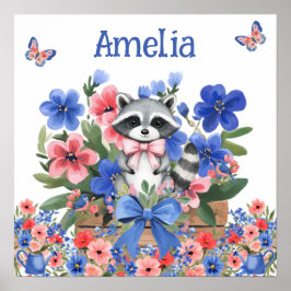Sweet Dreams Floral Baby Raccoon & Child's Name Poster