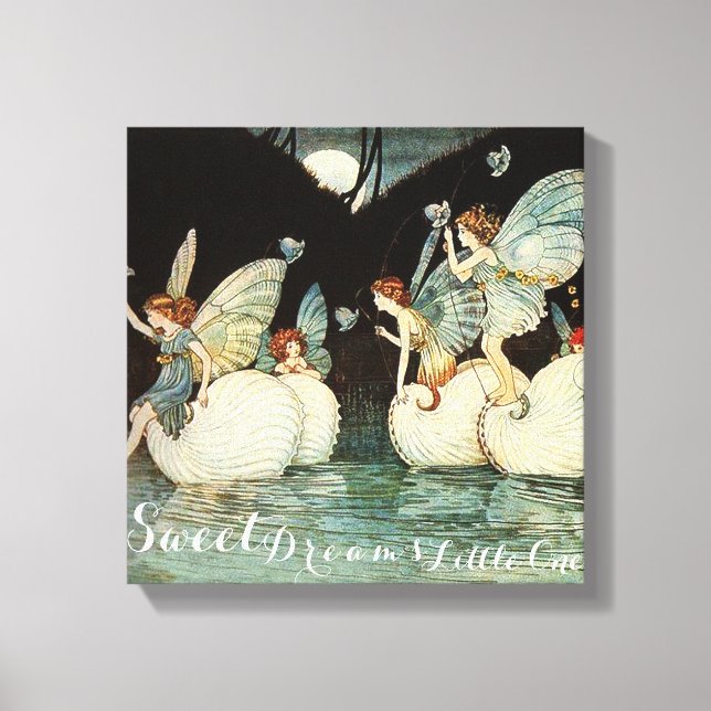 Sweet Dreams Little One Fairies Pond mit Moon Tri Leinwanddruck (Vorderseite)