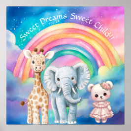 Sweet Dreams Rainbow Elephant & Giraffe Nursery Poster