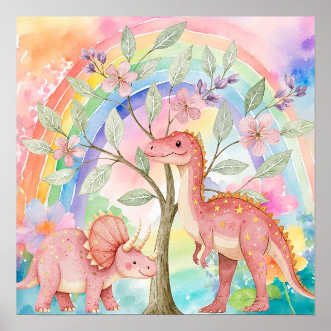 Sweet Dreams Rainbow Pink Dinosaurs Nursery  Poster (Vorne)