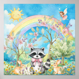 Sweet Dreams Rainbow Raccoon & Rabbits Nursery Poster
