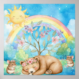 Sweet Dreams Rainbow Sleepy Bear & Mice Nursery Poster