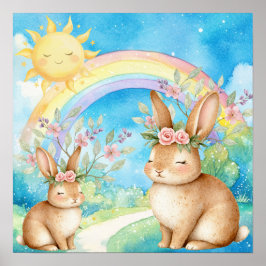 Sweet Dreams Rainbow Sleepy Rabbits Nursery Poster