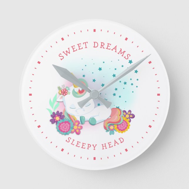 Sweet Dreams Sleepy Head Einhorn Rosa Weiße Minute Runde Wanduhr (Vorderseite)