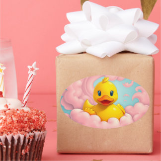 Sweet Duckling on Pink Clouds Birthday Ovaler Aufkleber