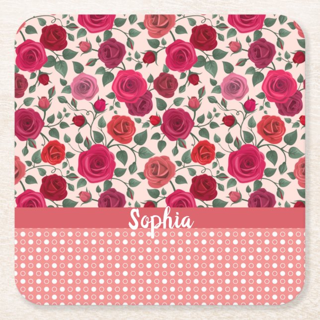 Sweet Dusty Pink Roses Personalisiert Rechteckiger Pappuntersetzer (Vorderseite)