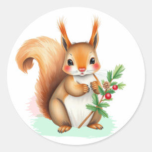 Sweet Eichhörnchen mit Holly Branch Weihnachten Runder Aufkleber