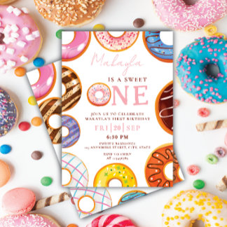 Sweet Ein Aquarell niedlich Donuts 1. Chic Geburts Einladung