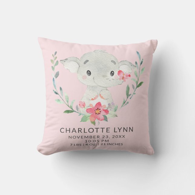 Sweet Elephant Baby Coussin statistiques de naissa (Recto)