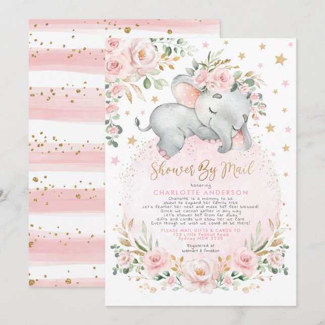 Sweet Elephant Blush Gold Baby Dusche per Mail Einladung (Vorne/Hinten)