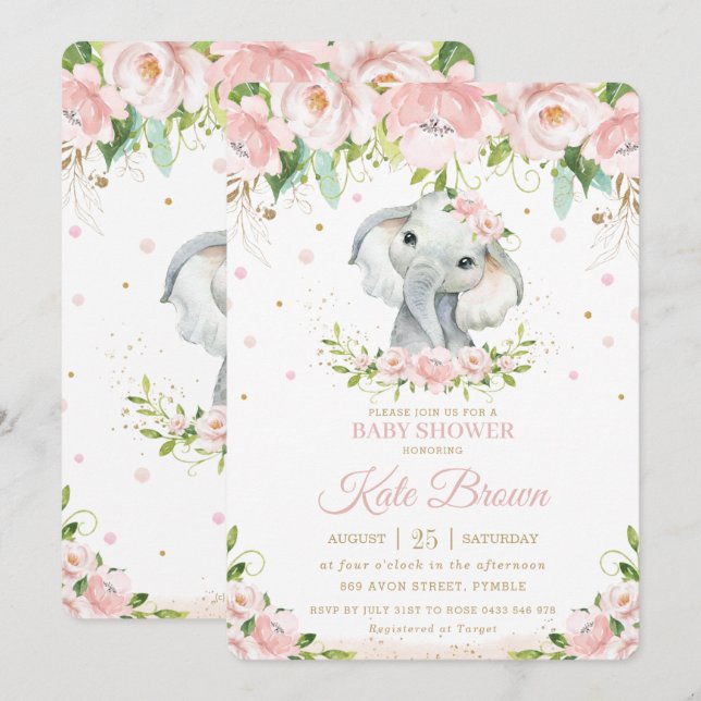 Sweet Elephant Blush Pink Floral Gold Baby Dusche Einladung (Vorne/Hinten)