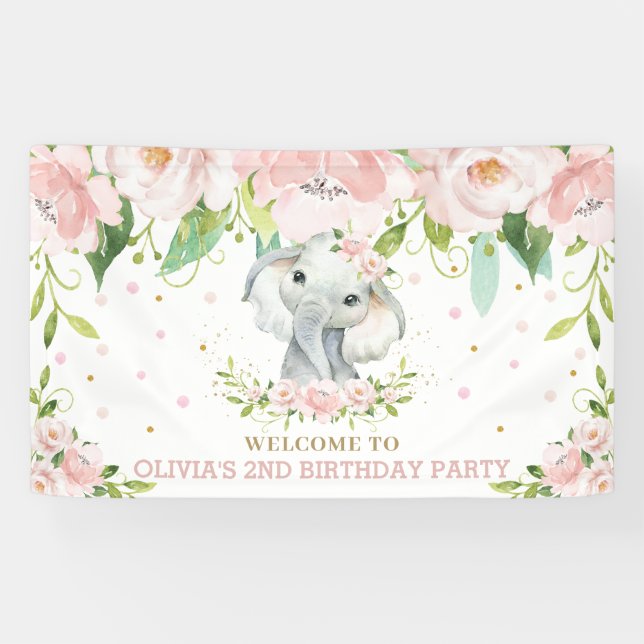 Sweet Elephant Blush Pink Floral Hintergrund Willk Banner (Horizontal)