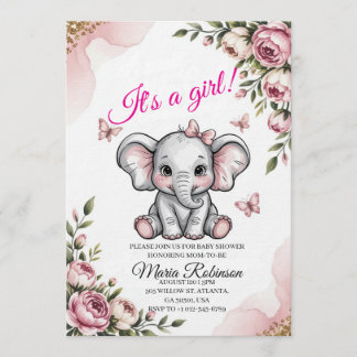 Sweet Elephant & Floral Baby Shower Invitation
