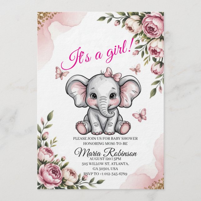 Sweet Elephant & Floral Baby Shower Invitation Einladung (Vorderseite)