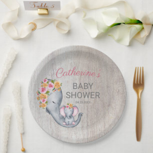 Sweet Elephant Floral Girl Rustic Baby Dusche Pappteller