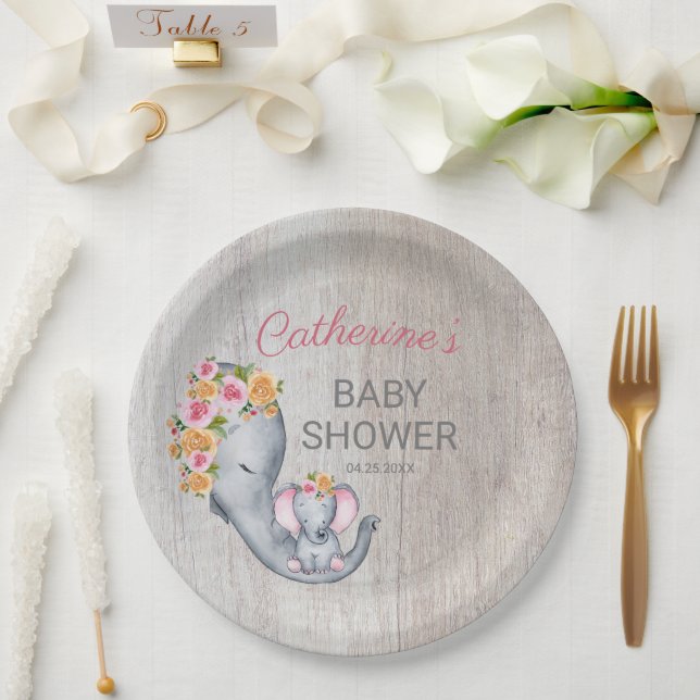 Sweet Elephant Floral Girl Rustic Baby Dusche Pappteller (Hochzeit)