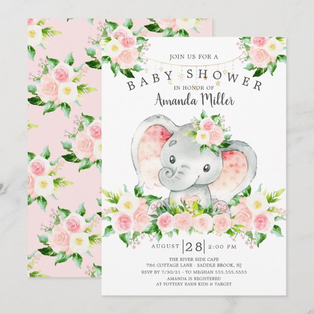 Sweet Elephant Girls Babydusche Einladung (Vorne/Hinten)