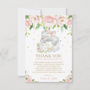 Sweet Elephant Pink Blush Bloral Baby Dusche Dankeskarte