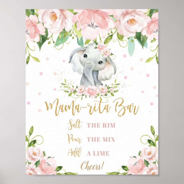 Sweet Elephant Pink Floral Gold Mama-Rita Bar Sign Poster (Vorne)