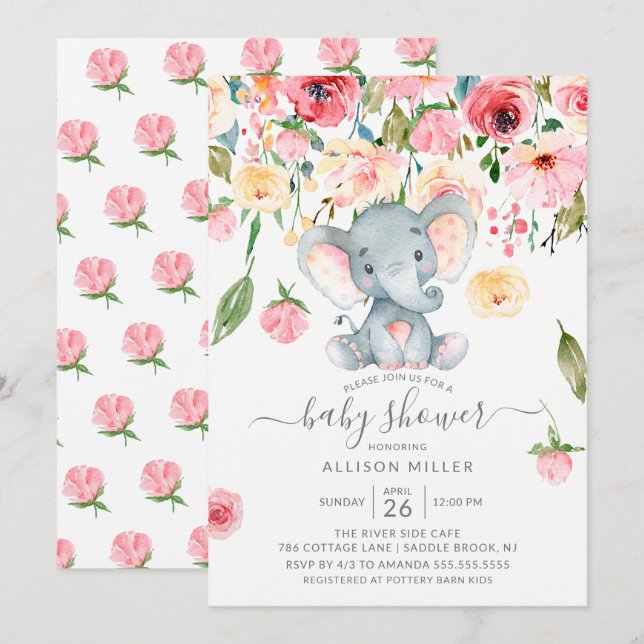 Sweet Elephant Pink Peonies Baby Dusche Einladung (Vorne/Hinten)