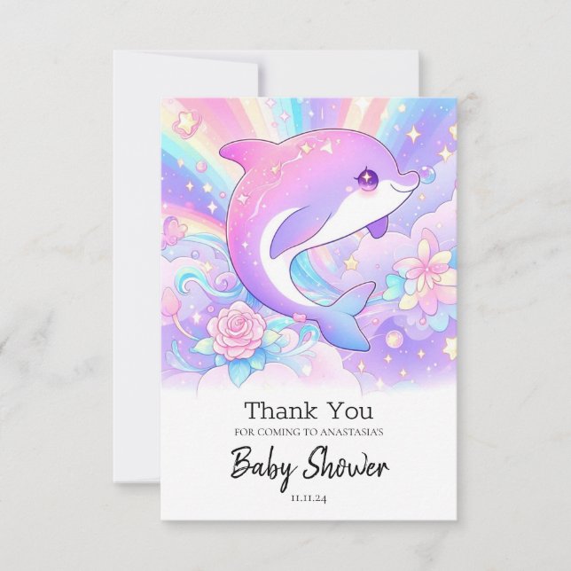 Sweet Enchanted Dolphin Baby Dusche Dankeskarte (Vorderseite)