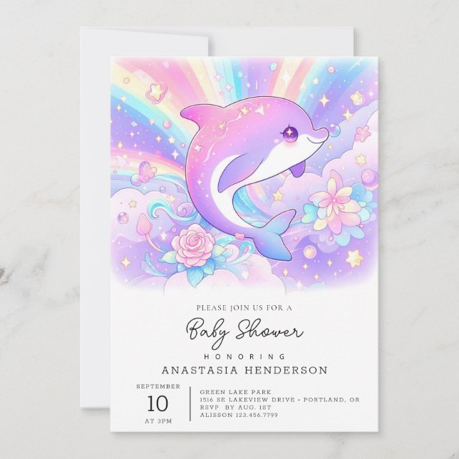 Sweet Enchanted Dolphin Baby Dusche Einladung (Vorderseite)