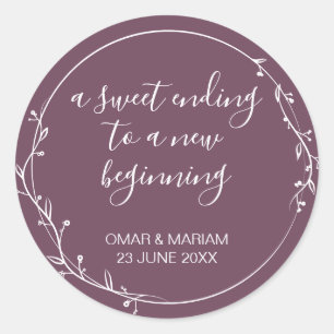 Sweet Ending New Beginning Fig Lila Hochzeit Runder Aufkleber