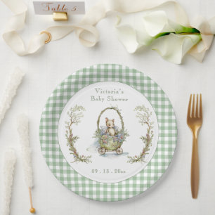 Sweet Fairytale Animal Green Gingham Baby Dusche Pappteller