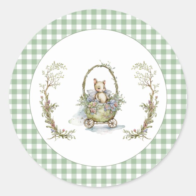 Sweet Fairytale Animal Green Gingham Baby Dusche Runder Aufkleber (Vorderseite)