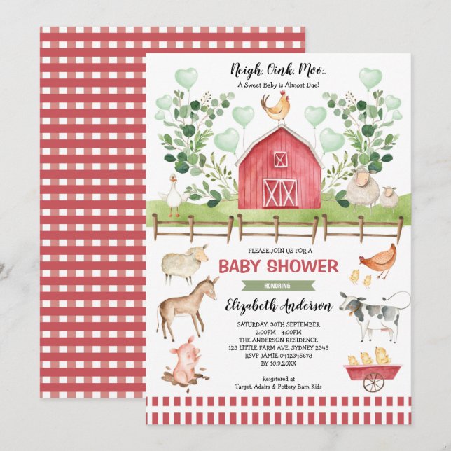Sweet Farm Animals Barnyard Baby Dusche Einladung (Vorne/Hinten)