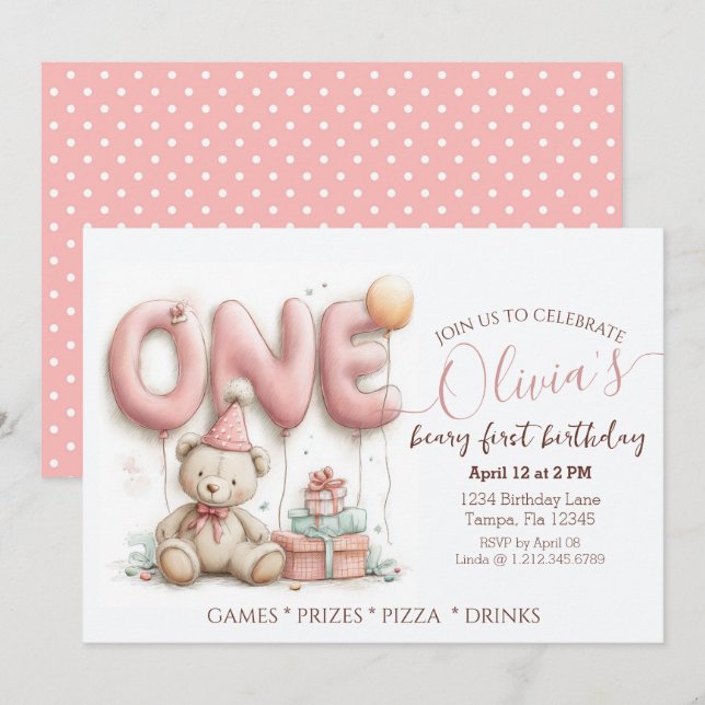Sweet First Birthday Invitation with Teddy Bear  Einladung (Vorne/Hinten)