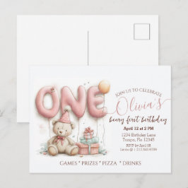Sweet First Birthday Invitation with Teddy Bear  Postkarte
