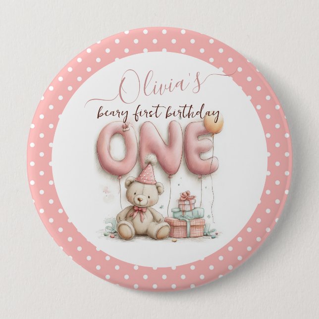 Sweet First Birthday with Teddy Bear  Button (Vorderseite)