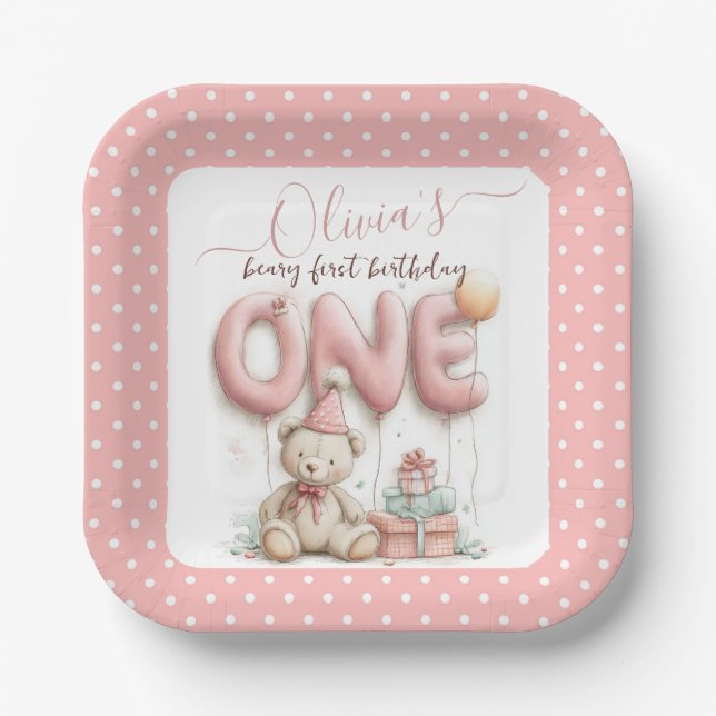 Sweet First Birthday with Teddy Bear  Pappteller (Vorderseite)