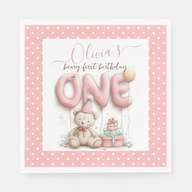 Sweet First Birthday with Teddy Bear  Serviette (Vorderseite)