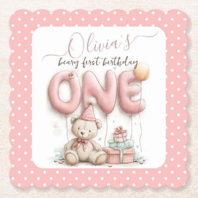 Sweet First Birthday with Teddy Bear  Untersetzer (Vorderseite)