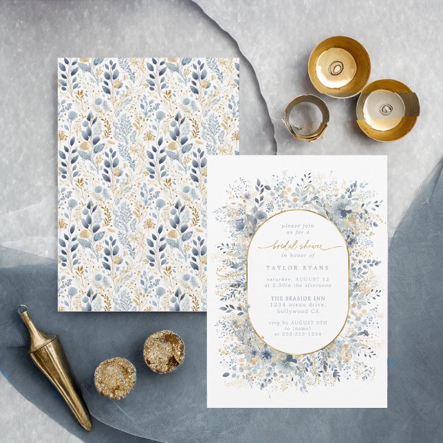 Sweet Floral Brautparty Dusty Blue Gold ID1045 Einladung (Von Creator hochgeladen)