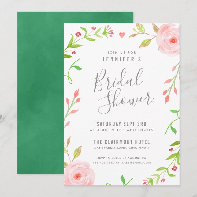 Sweet Floral Bridal Dusche Einladung Pink & Green (Vorne/Hinten)