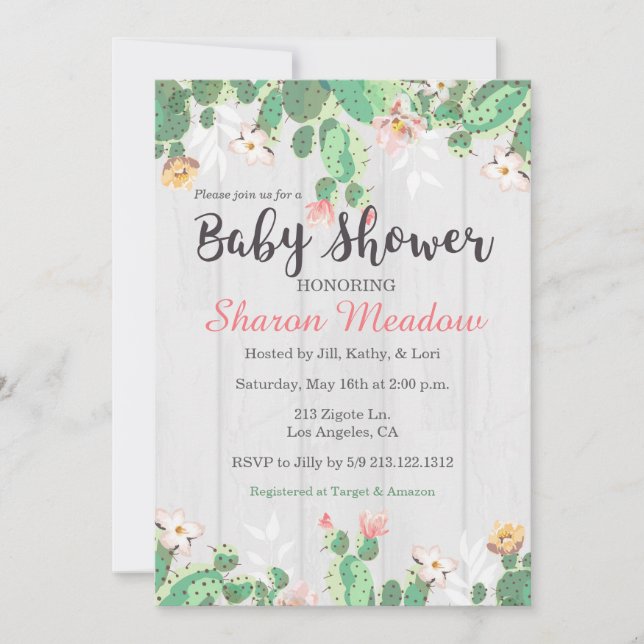 Sweet Floral Cactus Baby Shower Einladung (Vorderseite)