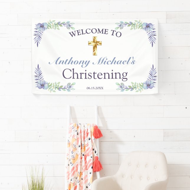 Sweet Floral Gold Cross Baby Christening Willkomme Banner (Insitu)